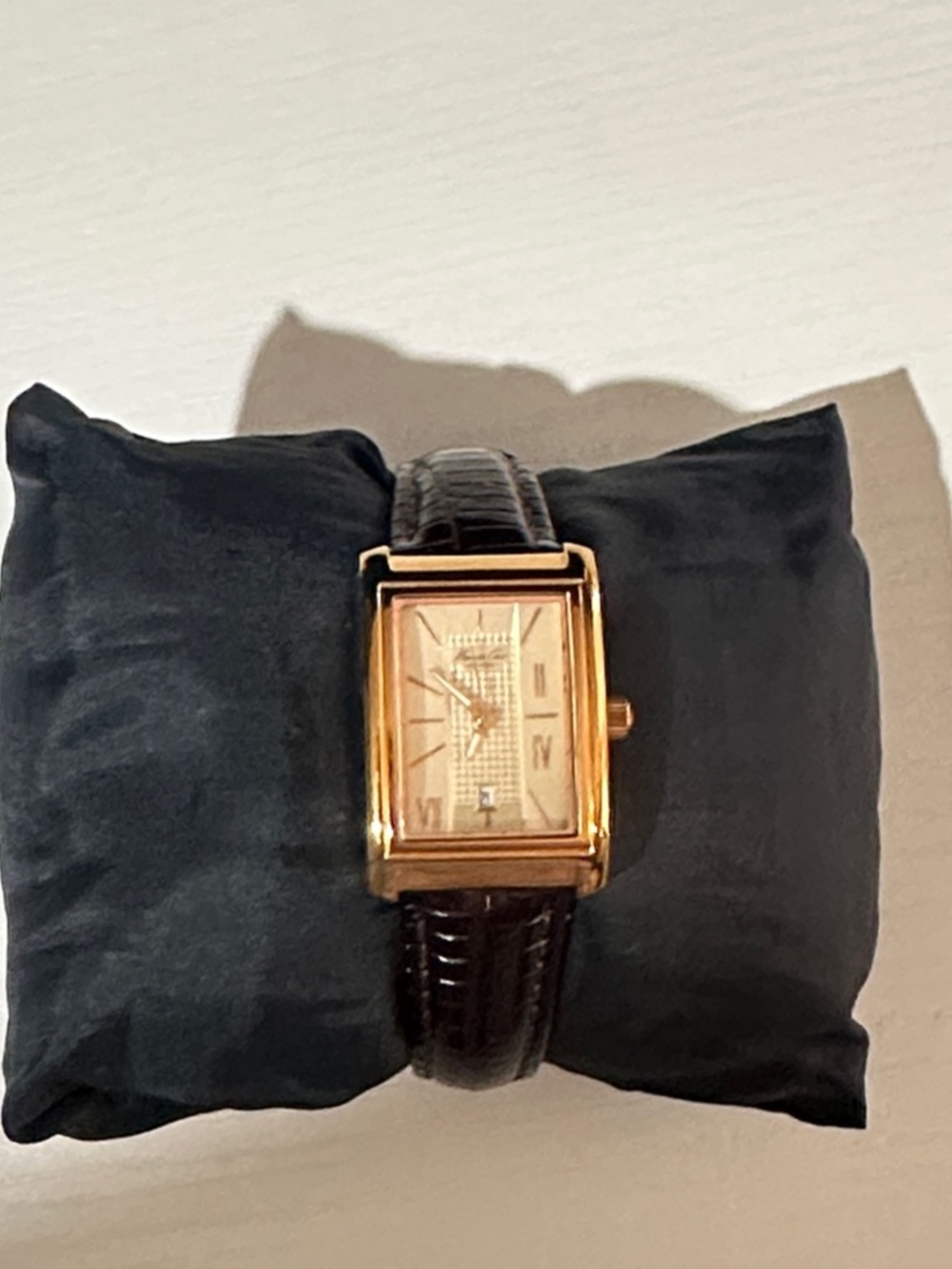 Kenneth Cole New York Gold-Tone Rectangular Watch with Black Leather Strap